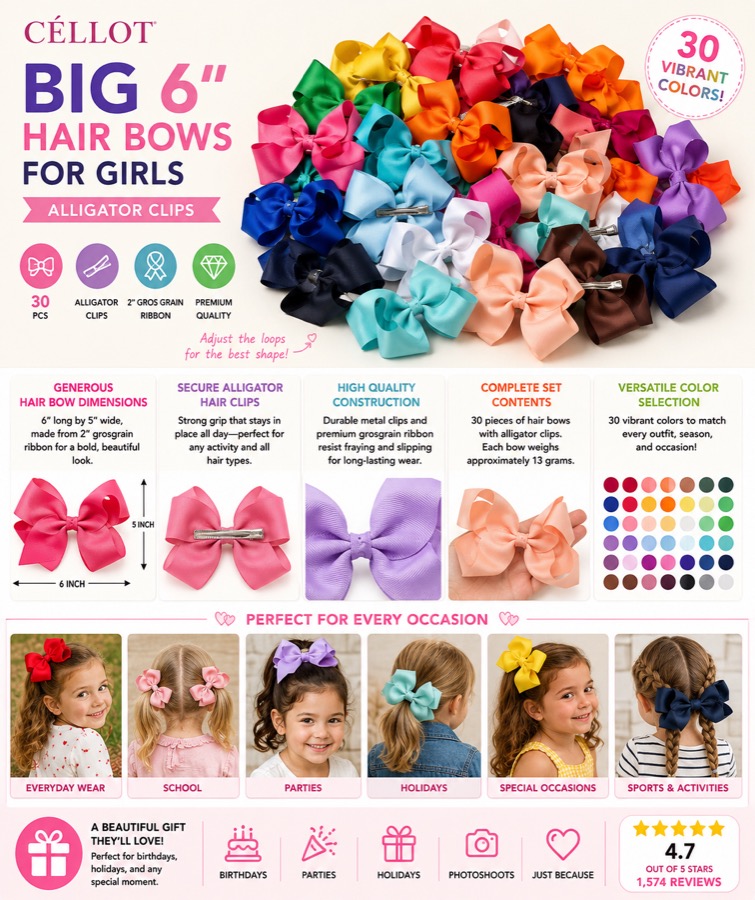 Big 6-inch Hair Bows for Girls with Alligator Clips