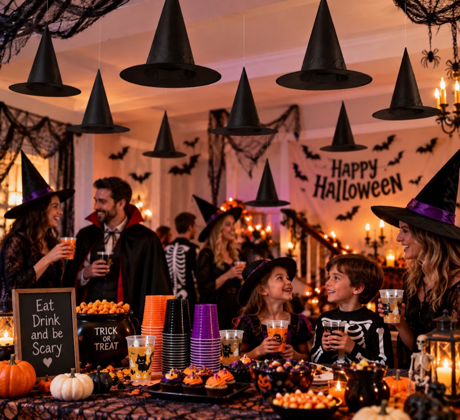 Black hanging witch hats for Halloween party décor