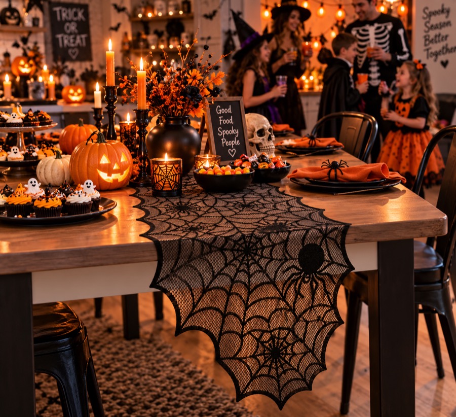 Black lace spiderweb Halloween table runner