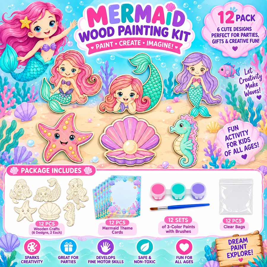 DIY Mermaid Wood Painting Kit, 12 pack