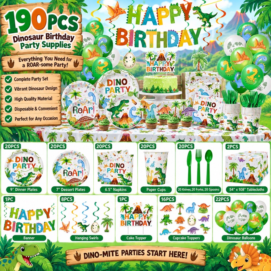 Dinosaur Birthday Party Supplies, 190 pieces