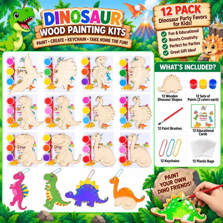 Dinosaur Wood Painting Kits with keychains, 12 pack