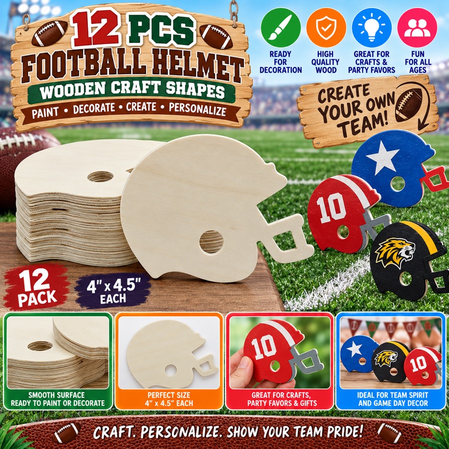 Football Helmet Wooden Craft Shapes, 12 pieces