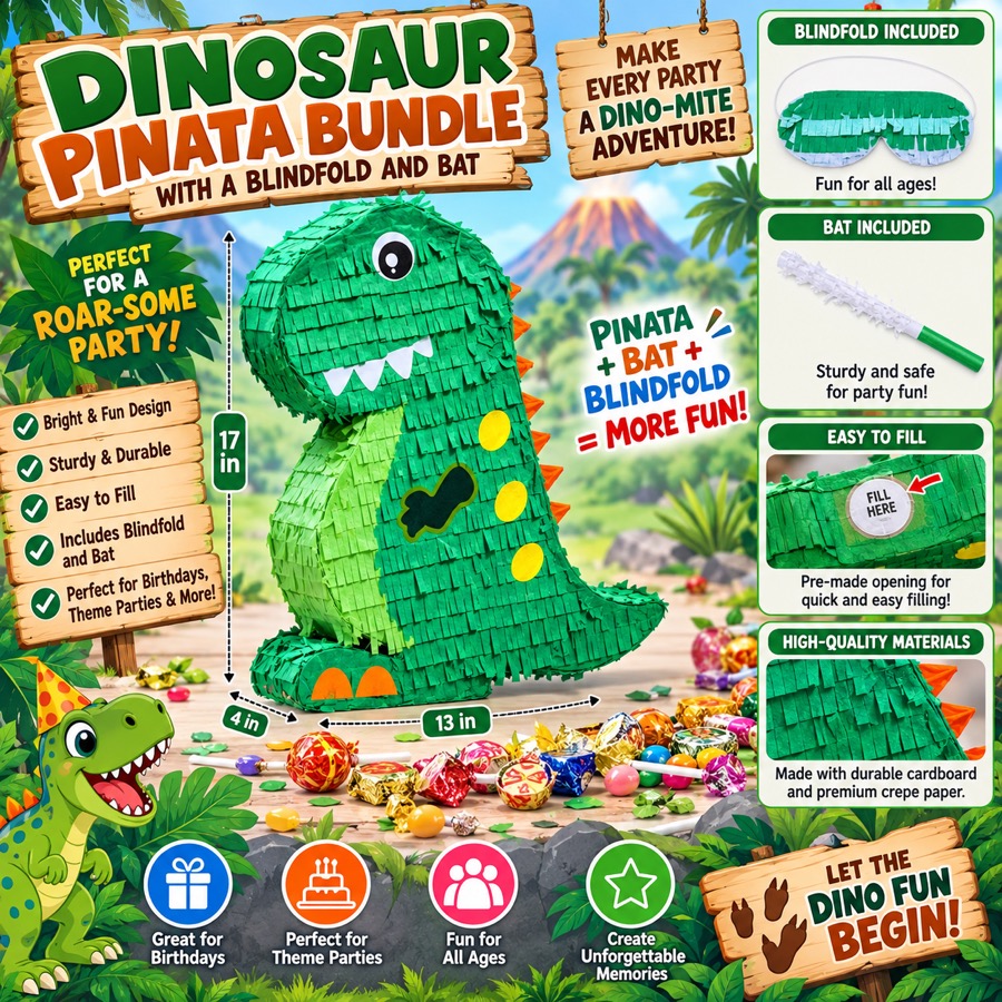 Green Dinosaur Piñata Bundle with blindfold and bat