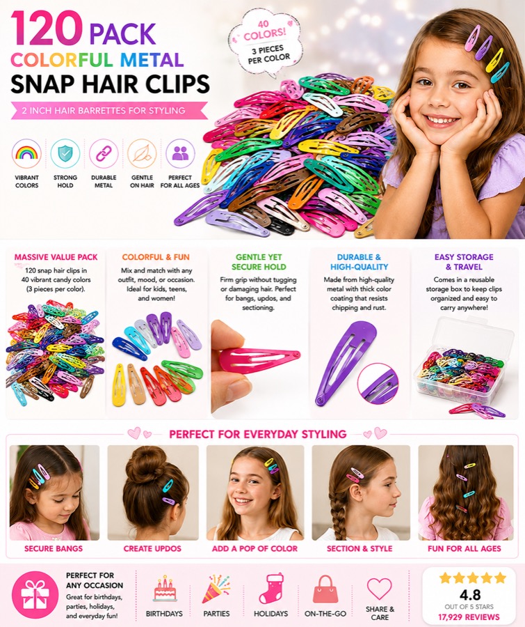 120-Pack Colorful Metal Snap Hair Clips