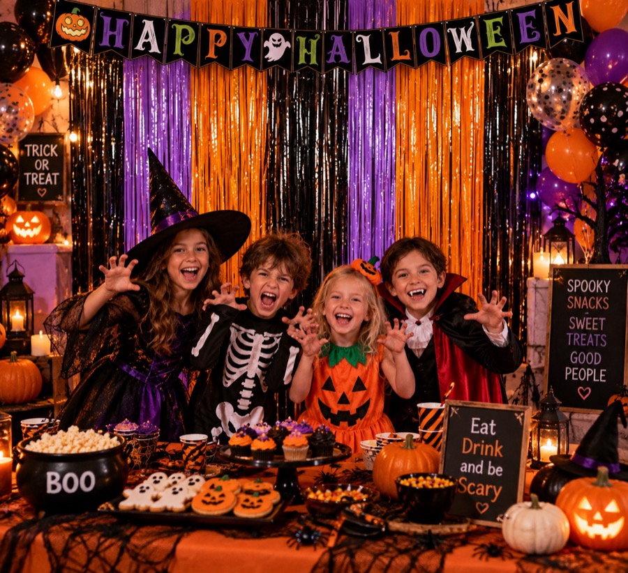 Orange, purple, and black Halloween photo backdrop