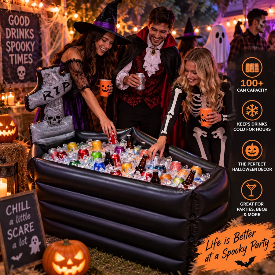 Inflatable coffin-shaped Halloween party cooler
