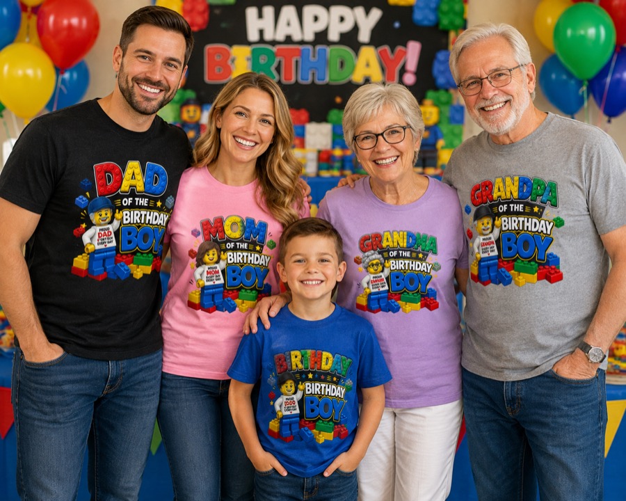 Lego themed birthday party family shirts