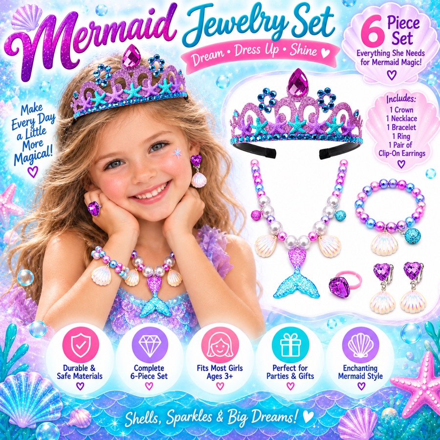 Mermaid Jewelry Set with crown, necklace, and bracelet