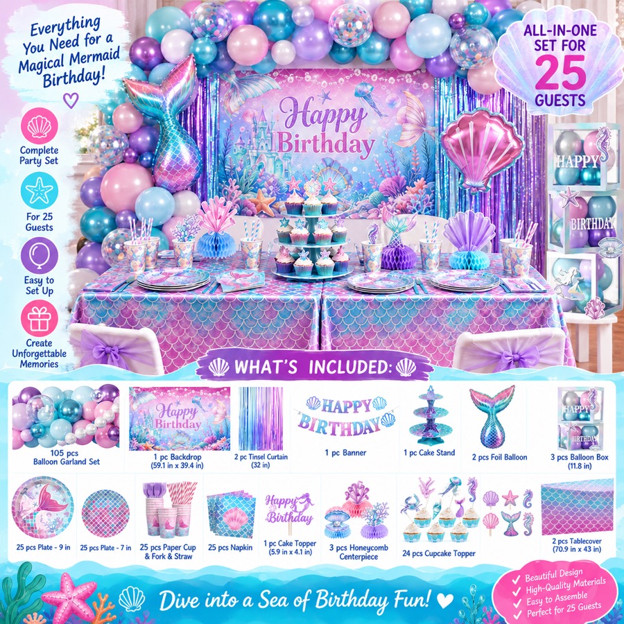 Mermaid party decorations set for 25 guests