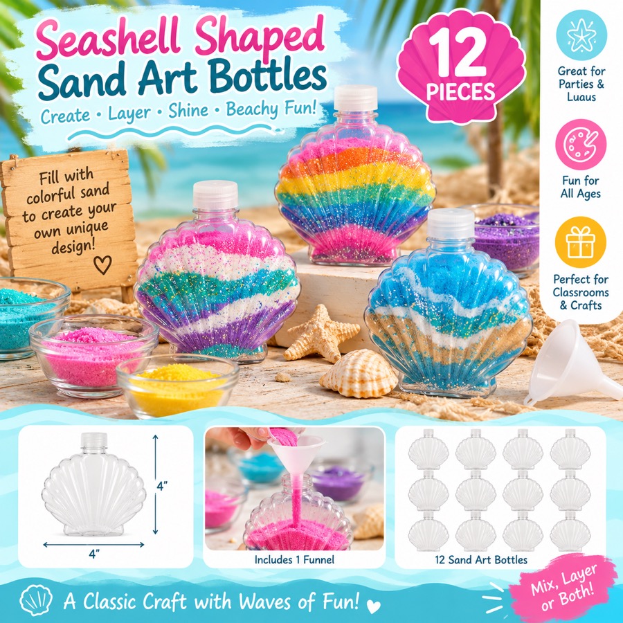 Seashell Shaped Sand Art Bottles, 12 pieces