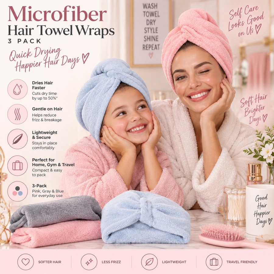 Microfiber Hair Towel Wraps, 3 pack