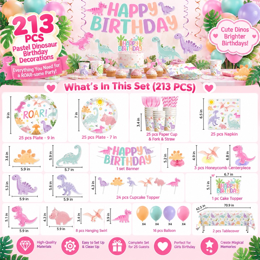 Pastel Dinosaur Birthday Decorations, 213 pieces