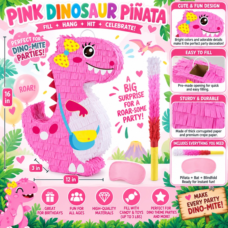 Pink Dinosaur Piñata with blindfold and bat