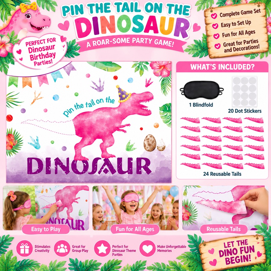 Pin the Tail on the Dinosaur party game, pink version