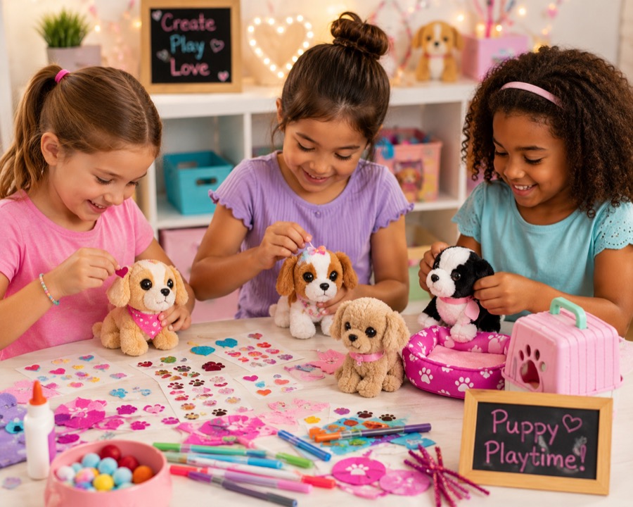 Kids playing with puppy party crafts