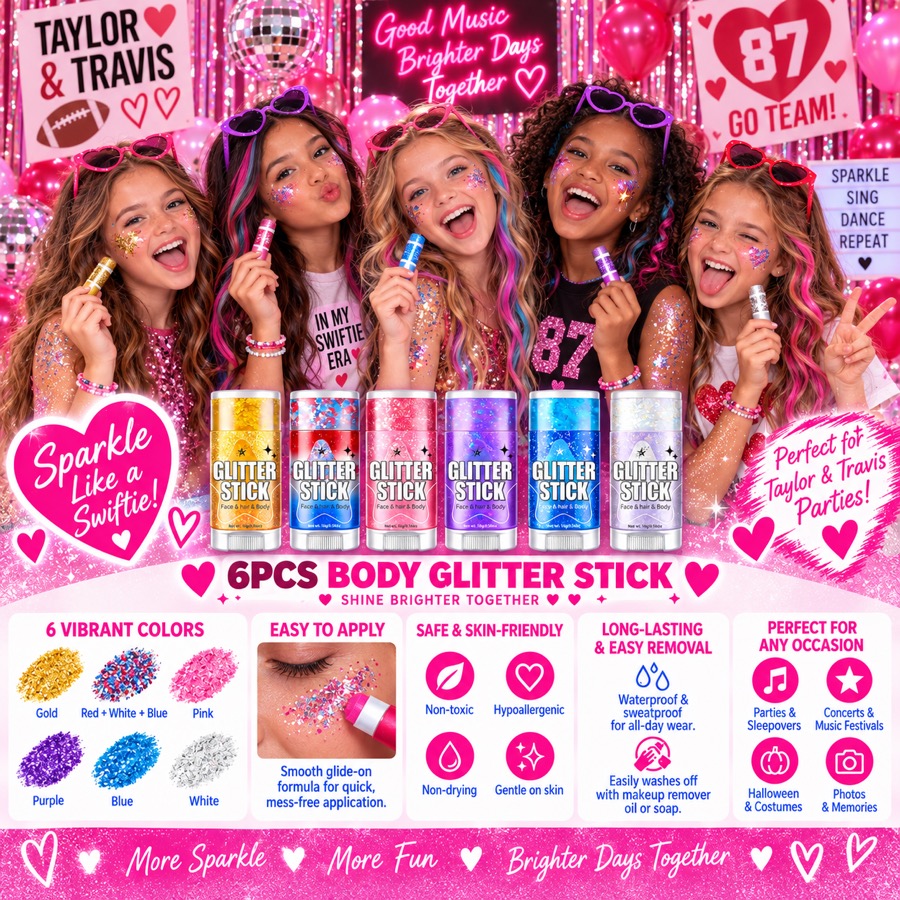 Glitter Stick for Face, Hair, and Body, 6 pack