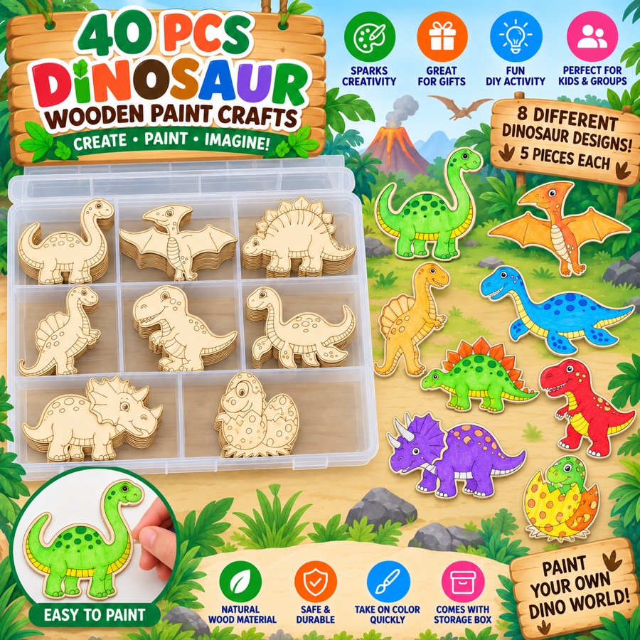 Dinosaur Wooden Paint Crafts, 40 pieces