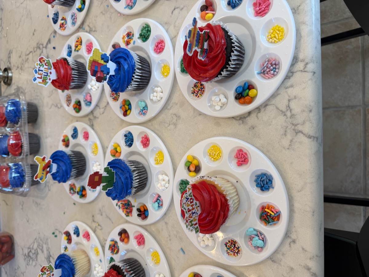 A decorated cupcake topped with a Lego airplane pick, surrounded by a full tray of sprinkles and candy toppings