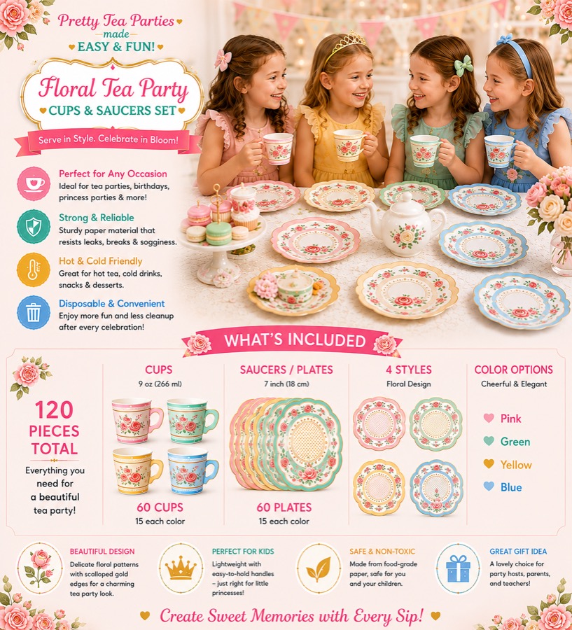 Disposable Floral Tea Party Cups and Saucers Set